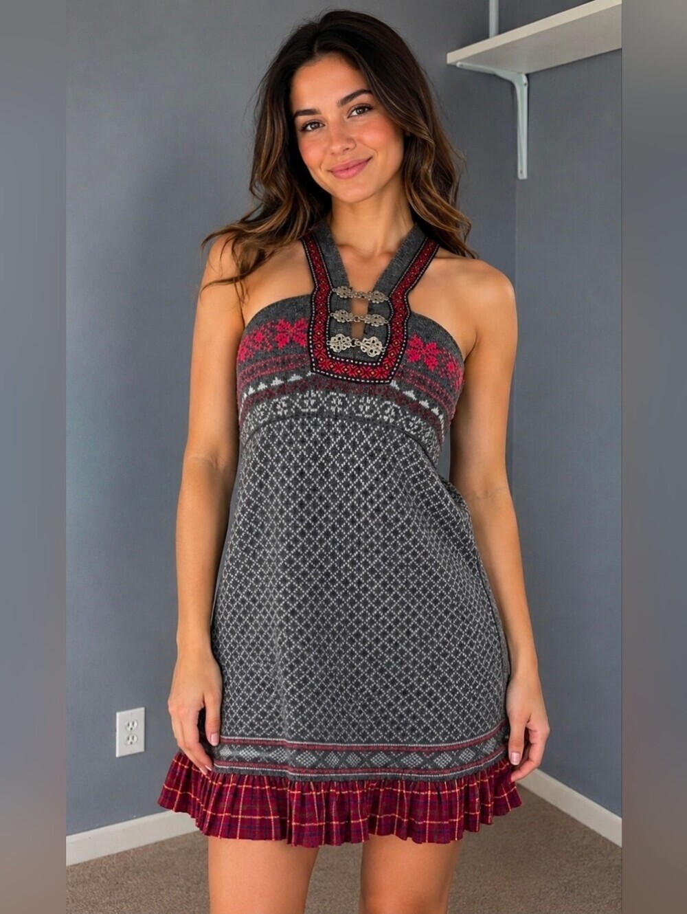 Vintage .Free People Grey Knit Halter Dress with Pink Accents